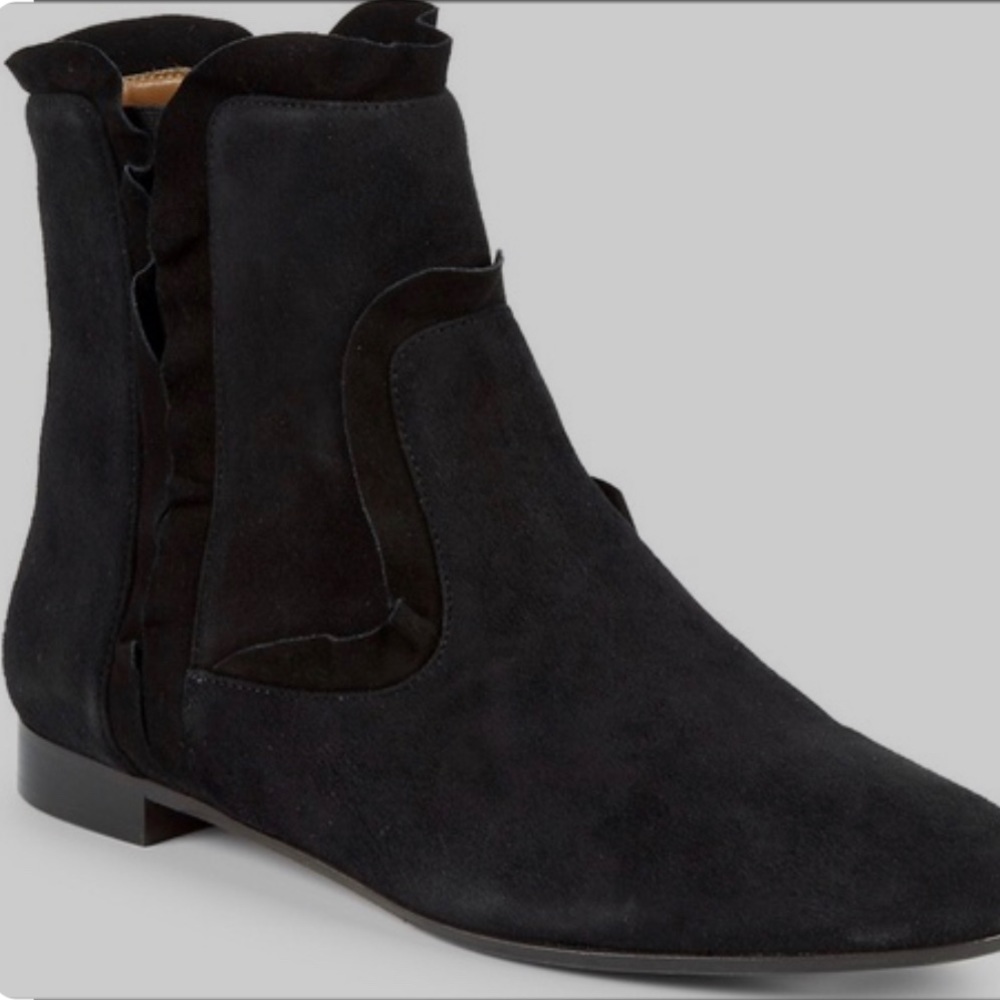 Aquazzura Frou Frou Bootie Flat Black Suede with ruffle trim